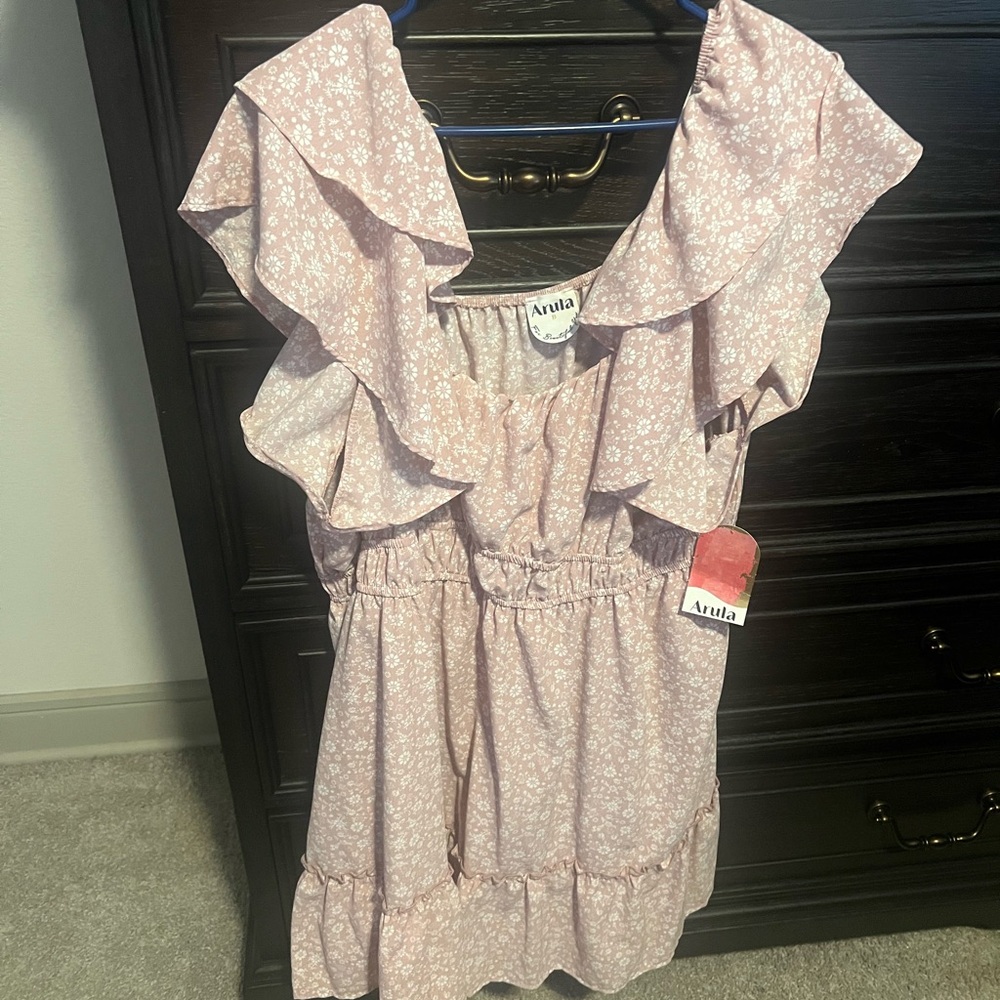 ARULA Light Pink Floral Ruffle Sundress